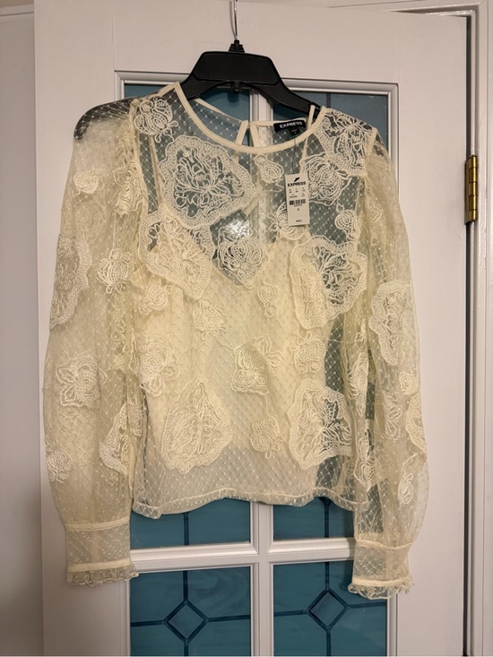 Express Tops - Express Ivory Floral Lace Long-Sleeve Blouse